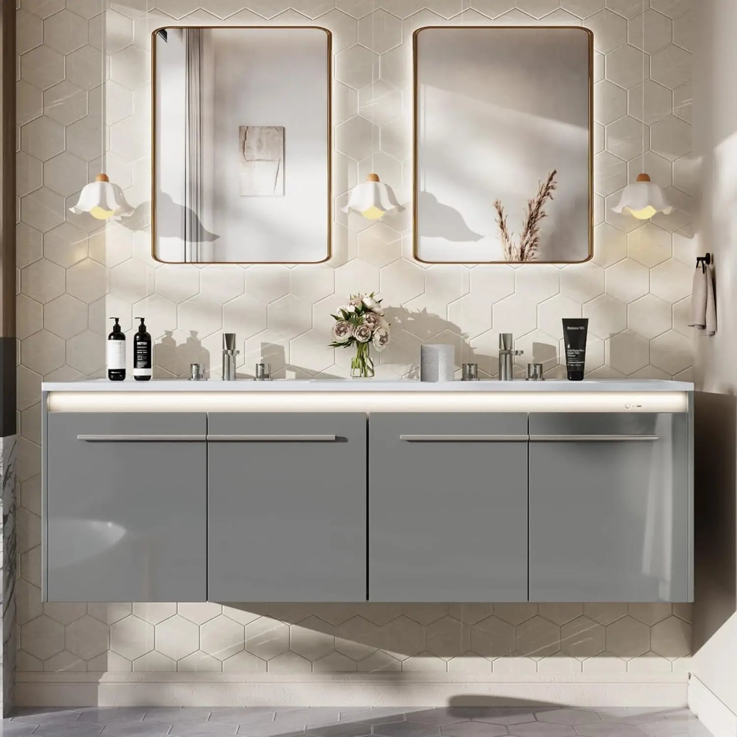 60" LED Floating Double Vanity with Sink Combo