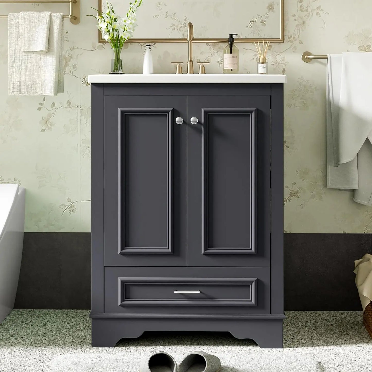24in Wood Bathroom Vanity Cabinet Ceramic Sink
