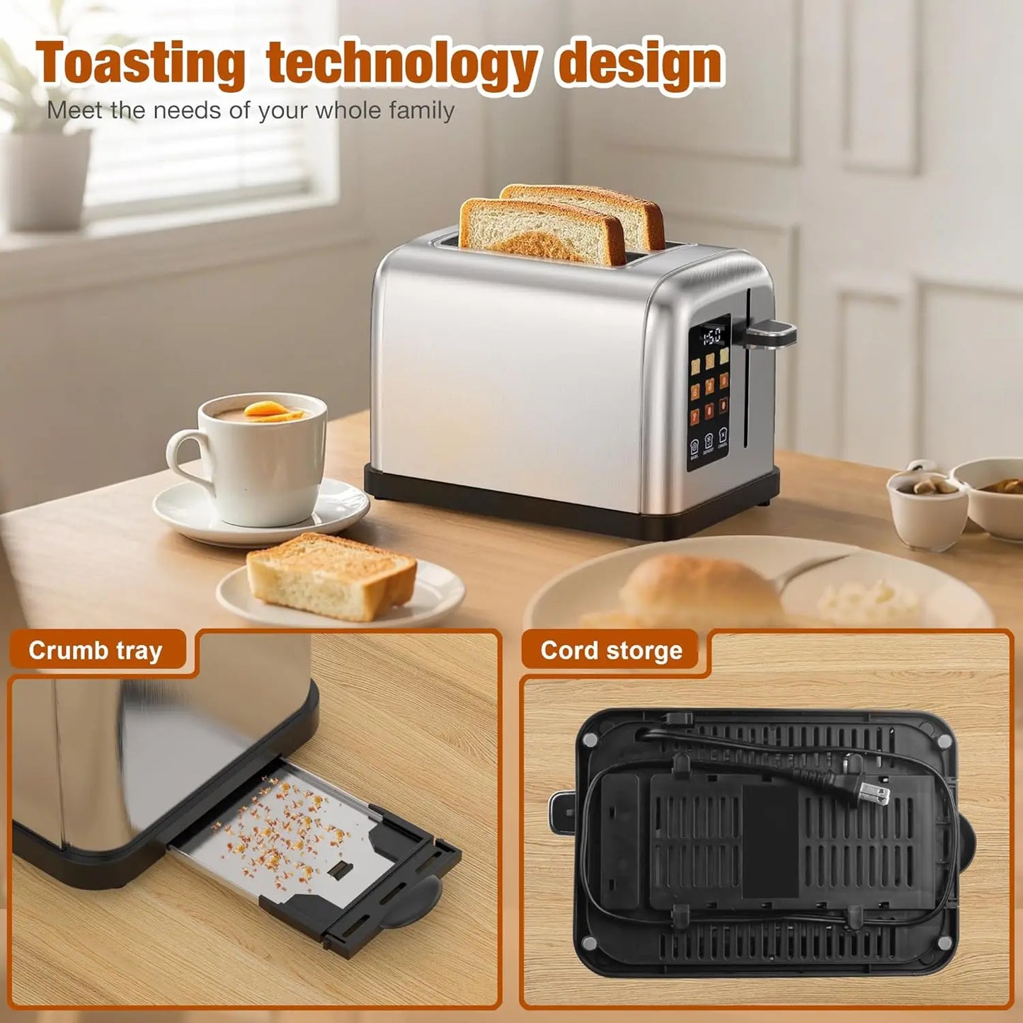 2 Slice Stainless Steel Touch Screen Toaster with Digital Countdown Wide Slot LCD Display 2 Slice Toasters Smart