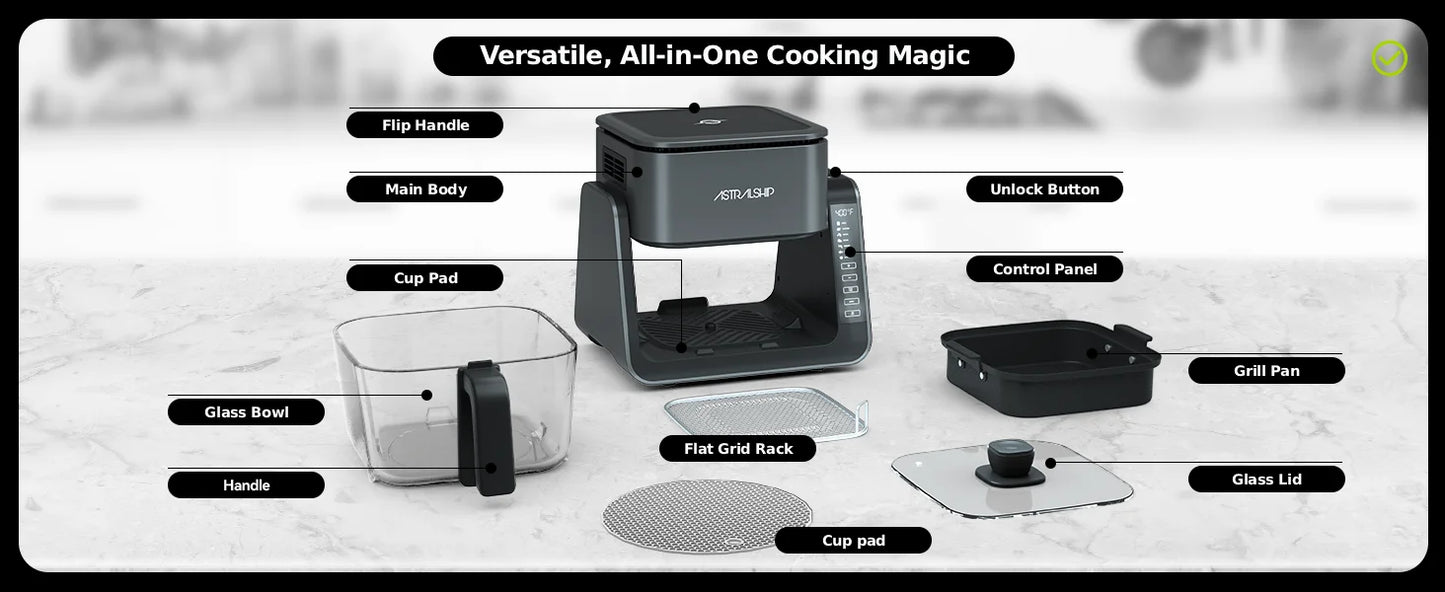 2-in-1 Glass Air Fryer & Grill Combo, 4.2 QT + 1.3 QT Capacity, 7 Digital Presets, Small, Non-Toxic See-Through Glass Bowl