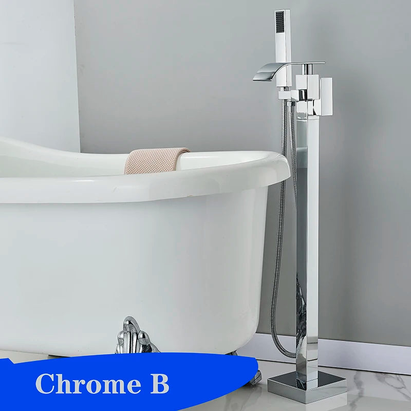 Matte Black Square Bathtub Shower Faucets Floor Standing Faucet Hot Cold Water Shower Mixer Tap Bathroom Waterfall Mixer