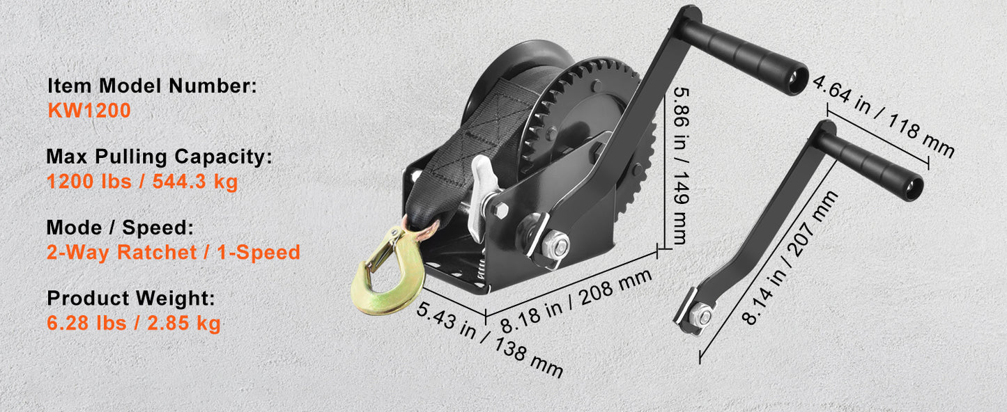 Hand Winch for Boat Trailer Winch Heavy Duty Rope Crank Polyester Strap & Two-Way Ratchet Manual Operated Hand Crank Winch