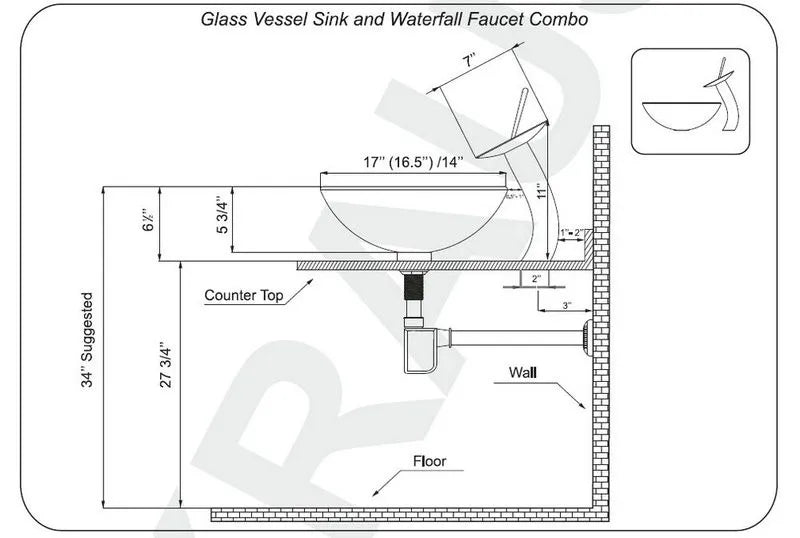 Tempered Glass Bathroom Vessel Sink with Waterfall