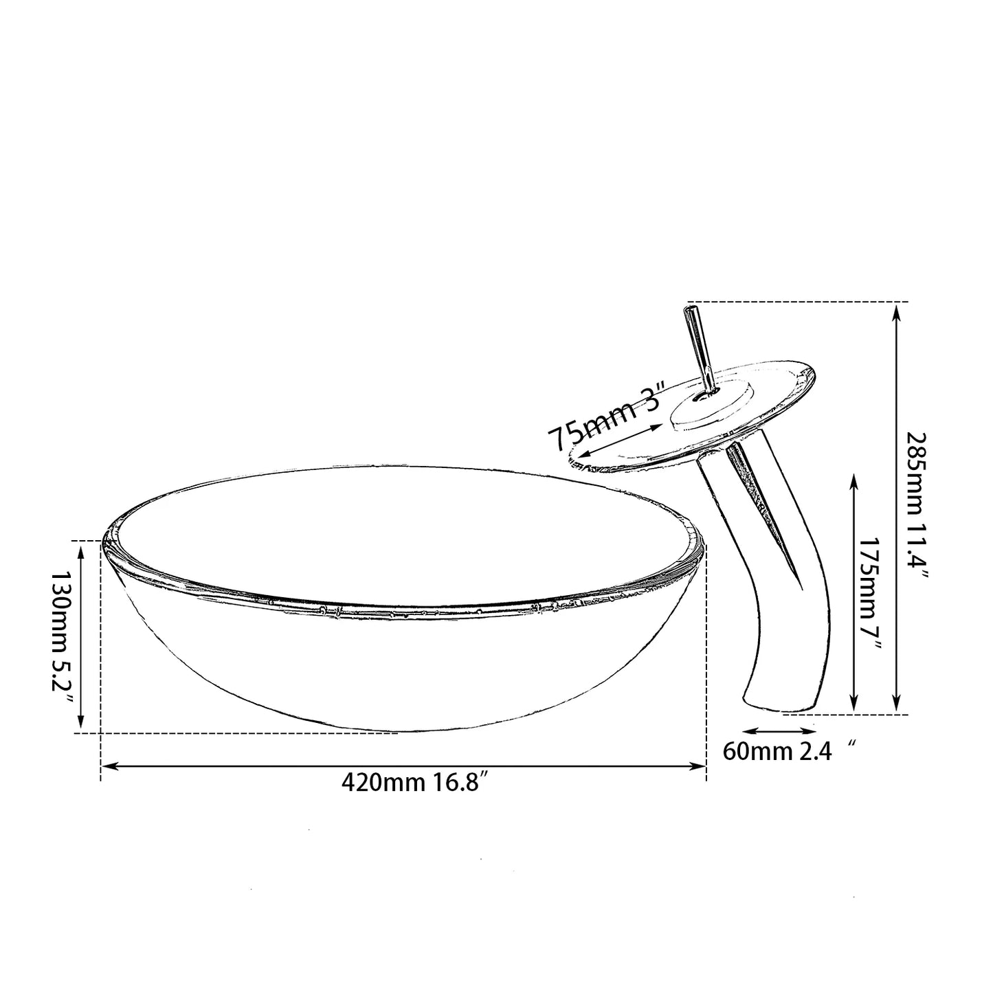 Tempered Glass Bathroom Vessel Sink with Waterfall