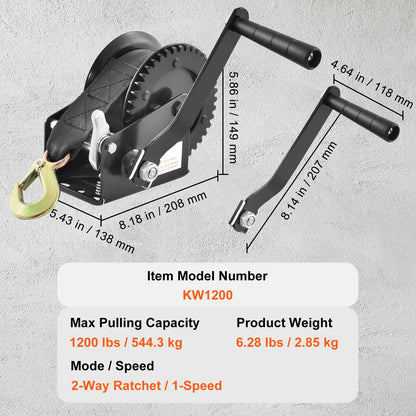 Hand Winch for Boat Trailer Winch Heavy Duty Rope Crank Polyester Strap & Two-Way Ratchet Manual Operated Hand Crank Winch