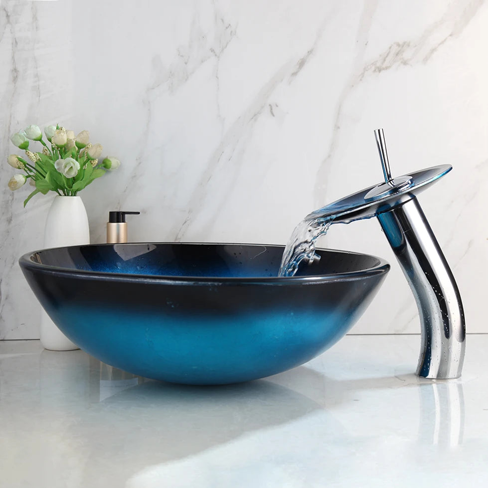 Tempered Glass Bathroom Vessel Sink with Waterfall