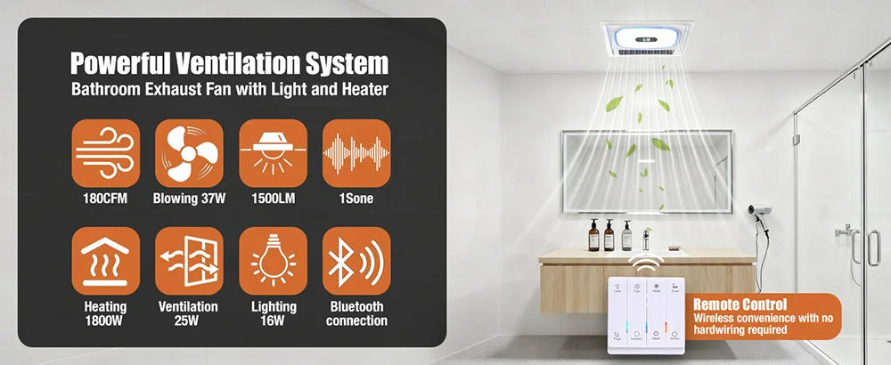 4-in-1 Bathroom Exhaust Fan with Bluetooth Speaker 1800W Heater 180 CFM Quiet Ventilation Easy Install for Home