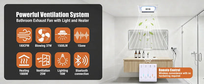 4-in-1 Bathroom Exhaust Fan with Bluetooth Speaker 1800W Heater 180 CFM Quiet Ventilation Easy Install for Home