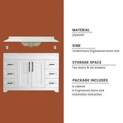 48" White Stone Top Vanity Soft Close Doors Drawers