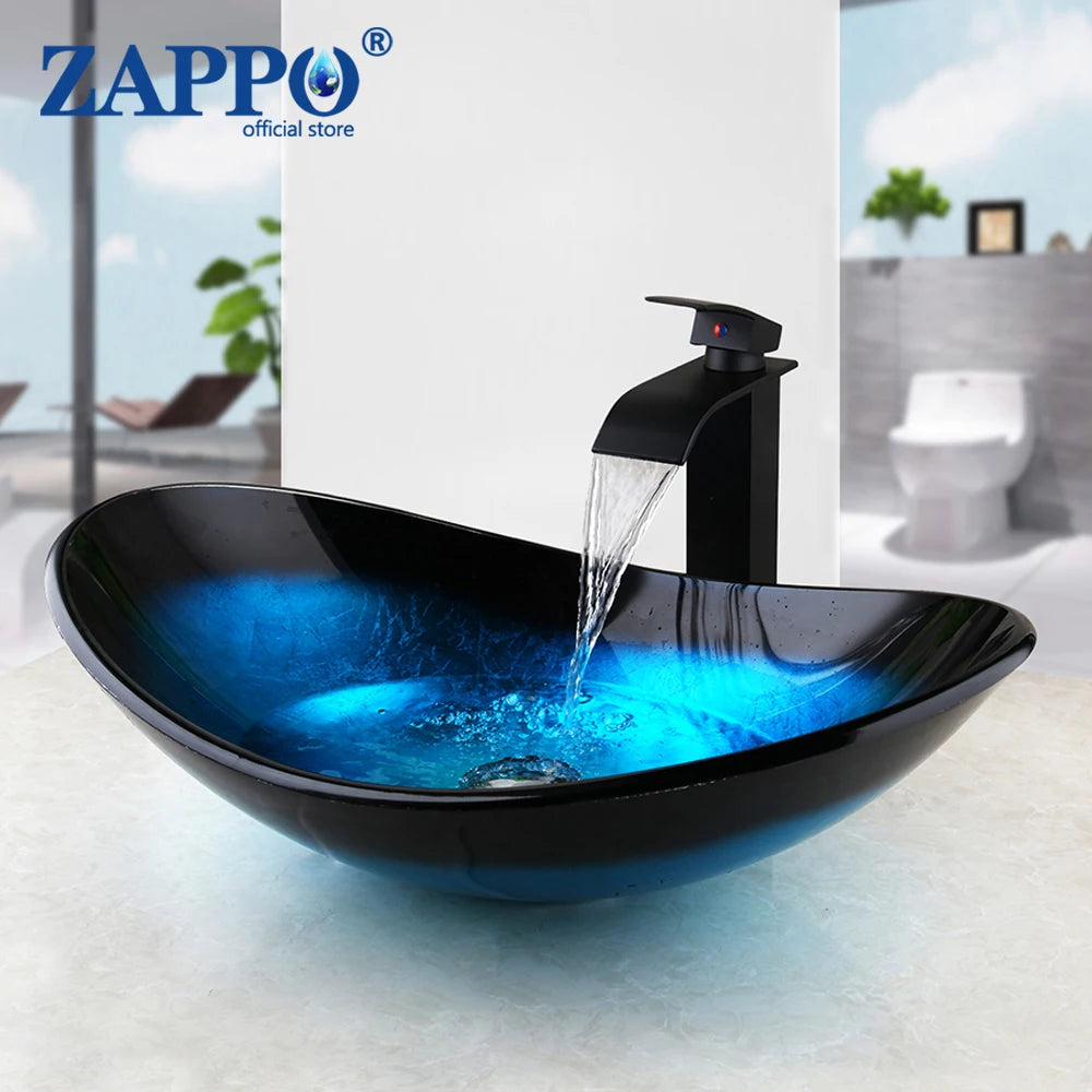 Tempered Glass Bathroom Vessel Sink with Waterfall