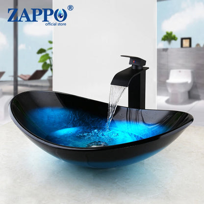 Tempered Glass Bathroom Vessel Sink with Waterfall