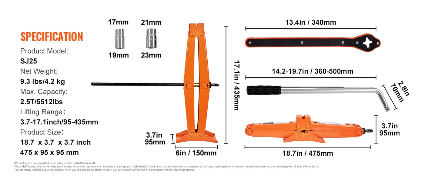 2.5 Ton/5512 lbs Scissor Jack 3.7"-17.1" Lift