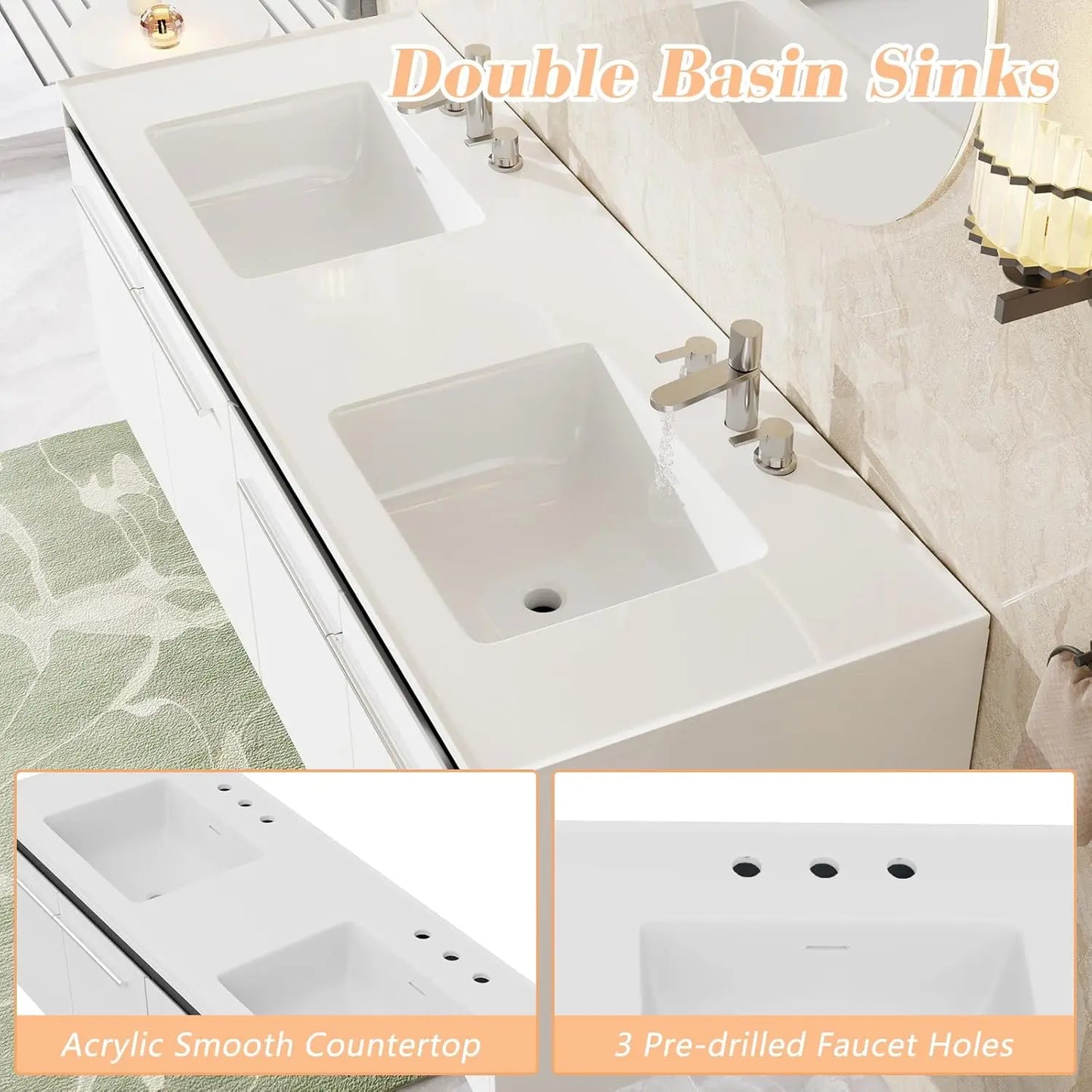 60" LED Floating Double Vanity with Sink Combo