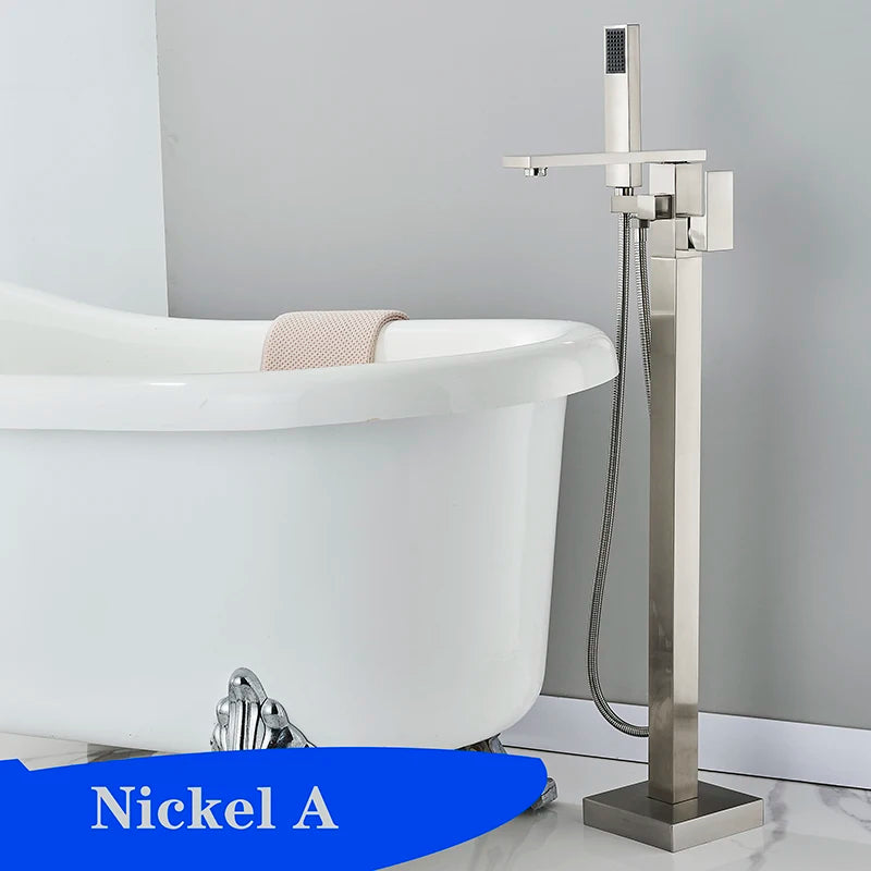 Matte Black Square Bathtub Shower Faucets Floor Standing Faucet Hot Cold Water Shower Mixer Tap Bathroom Waterfall Mixer
