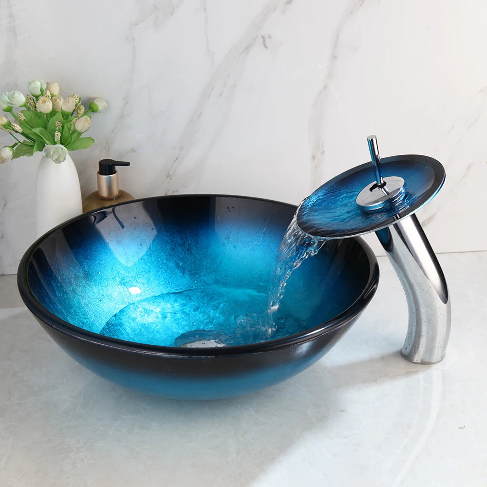 Tempered Glass Bathroom Vessel Sink with Waterfall