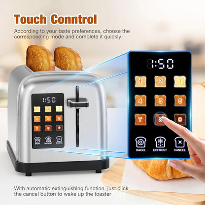 2 Slice Stainless Steel Touch Screen Toaster with Digital Countdown Wide Slot LCD Display 2 Slice Toasters Smart