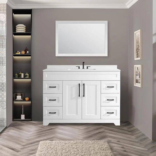 48" White Stone Top Vanity Soft Close Doors Drawers