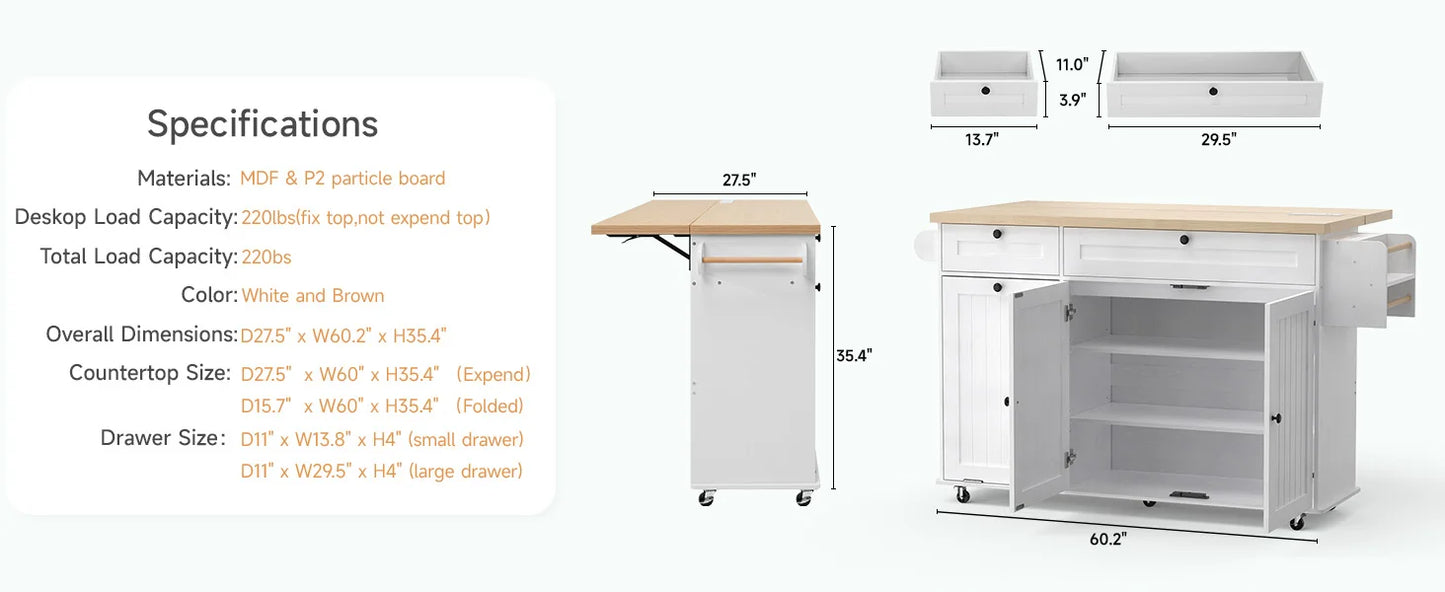60" Mobile Kitchen Island with drop leaf