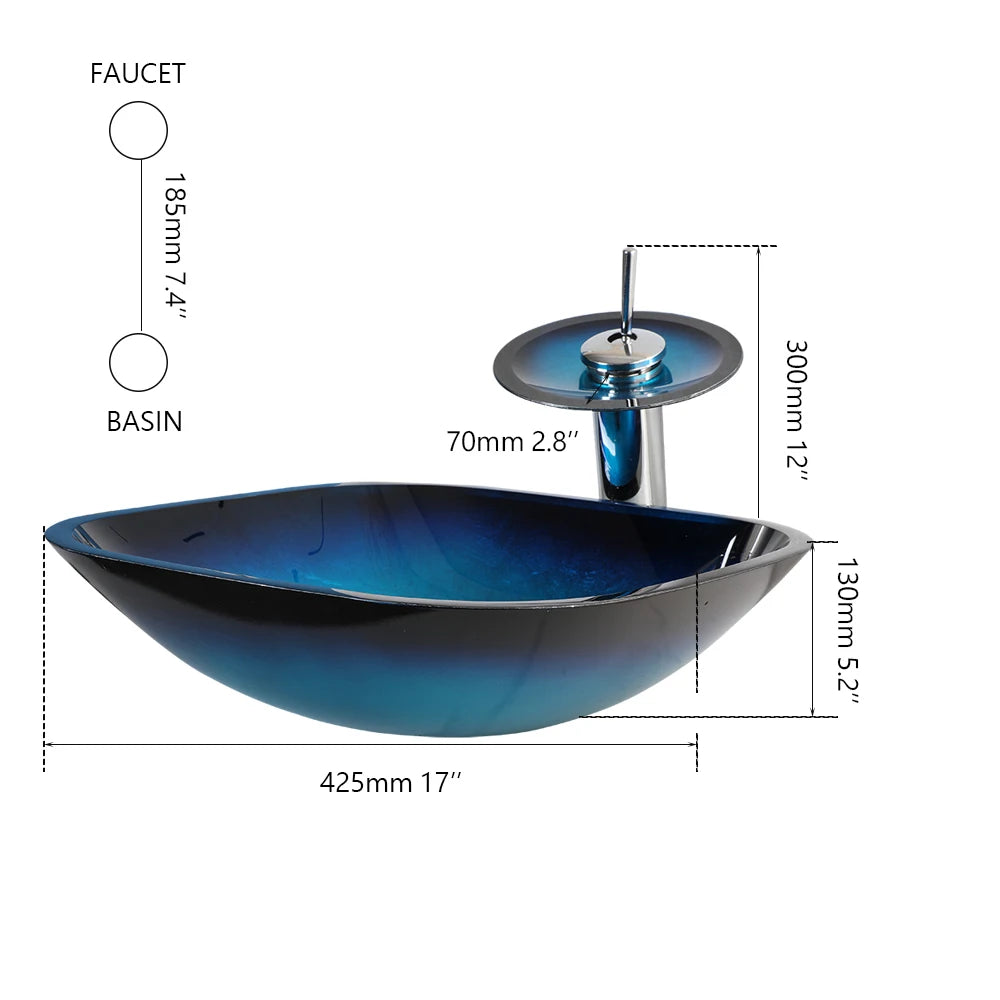 Tempered Glass Bathroom Vessel Sink with Waterfall
