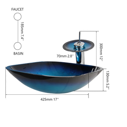 Tempered Glass Bathroom Vessel Sink with Waterfall