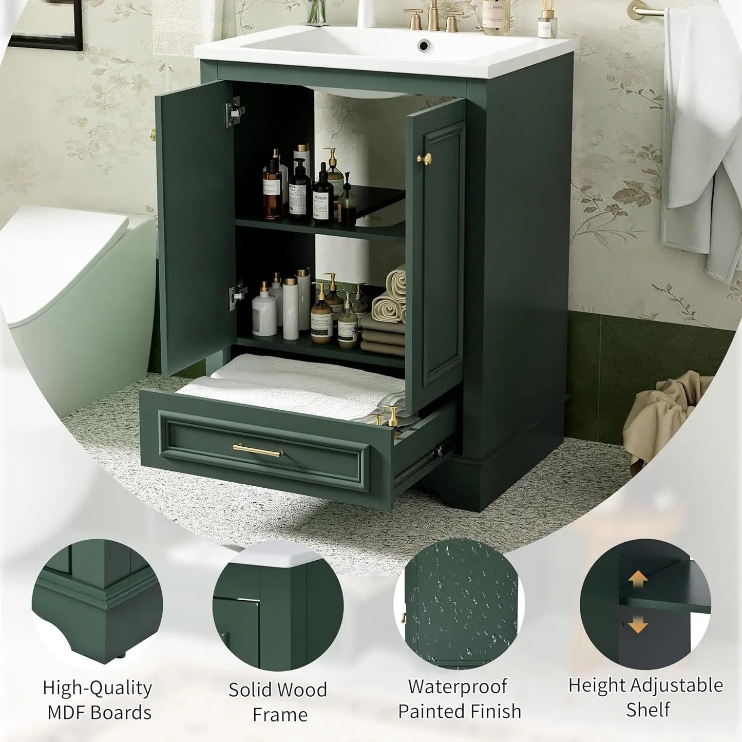 24in Wood Bathroom Vanity Cabinet Ceramic Sink