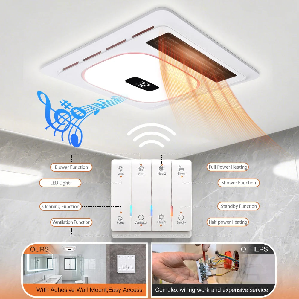 4-in-1 Bathroom Exhaust Fan with Bluetooth Speaker 1800W Heater 180 CFM Quiet Ventilation Easy Install for Home