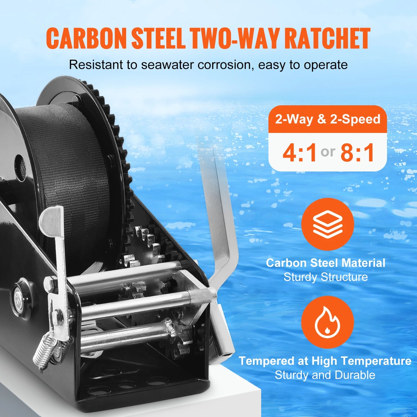 Hand Winch for Boat Trailer Winch Heavy Duty Rope Crank Polyester Strap & Two-Way Ratchet Manual Operated Hand Crank Winch