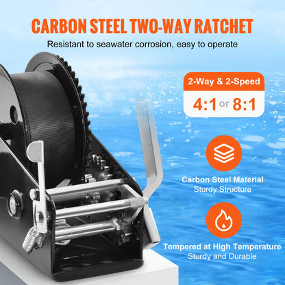 Hand Winch for Boat Trailer Winch Heavy Duty Rope Crank Polyester Strap & Two-Way Ratchet Manual Operated Hand Crank Winch