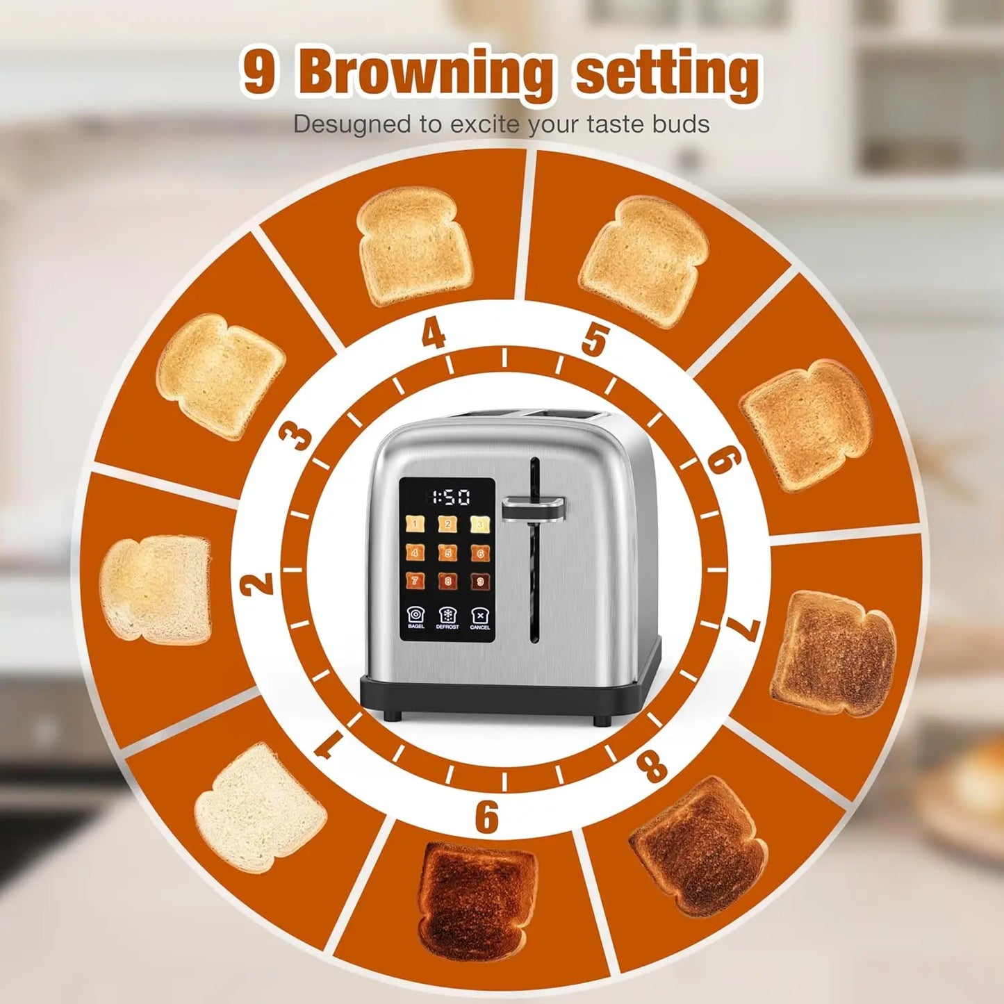 2 Slice Stainless Steel Touch Screen Toaster with Digital Countdown Wide Slot LCD Display 2 Slice Toasters Smart