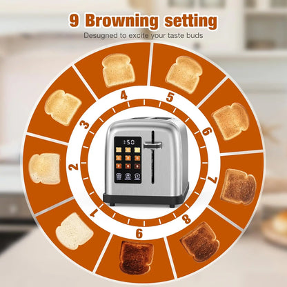2 Slice Stainless Steel Touch Screen Toaster with Digital Countdown Wide Slot LCD Display 2 Slice Toasters Smart
