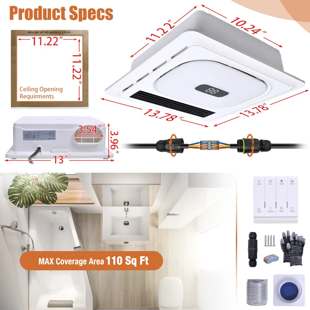 4-in-1 Bathroom Exhaust Fan with Bluetooth Speaker 1800W Heater 180 CFM Quiet Ventilation Easy Install for Home