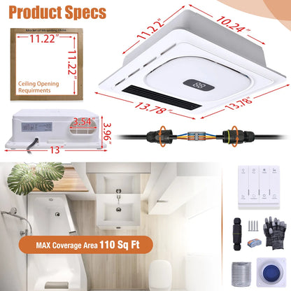 4-in-1 Bathroom Exhaust Fan with Bluetooth Speaker 1800W Heater 180 CFM Quiet Ventilation Easy Install for Home