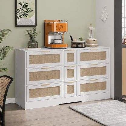 51.2” White Rattan Storage Locker with 9 Drawers