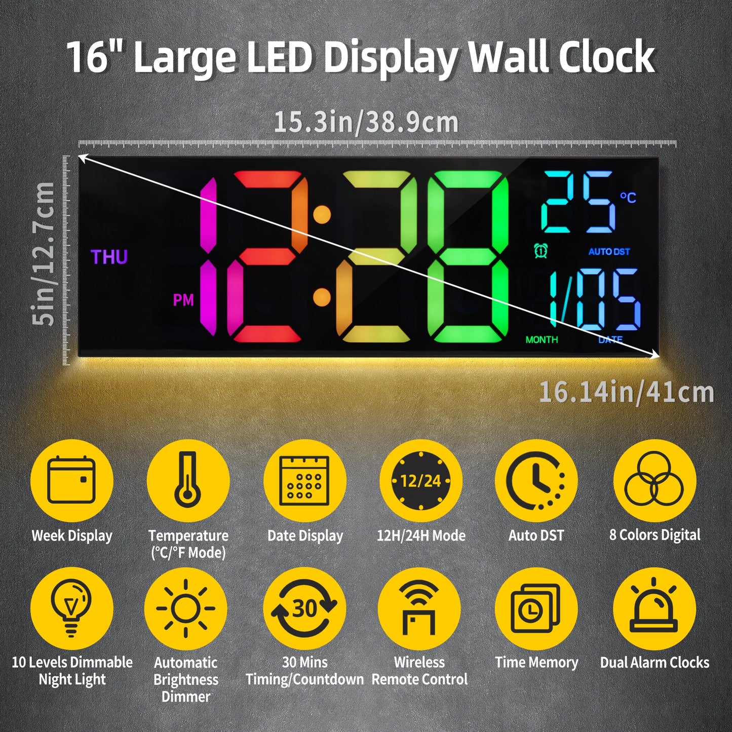 16" Digital Wall Clock, Big LED Display