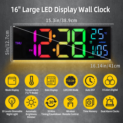 16" Digital Wall Clock, Big LED Display