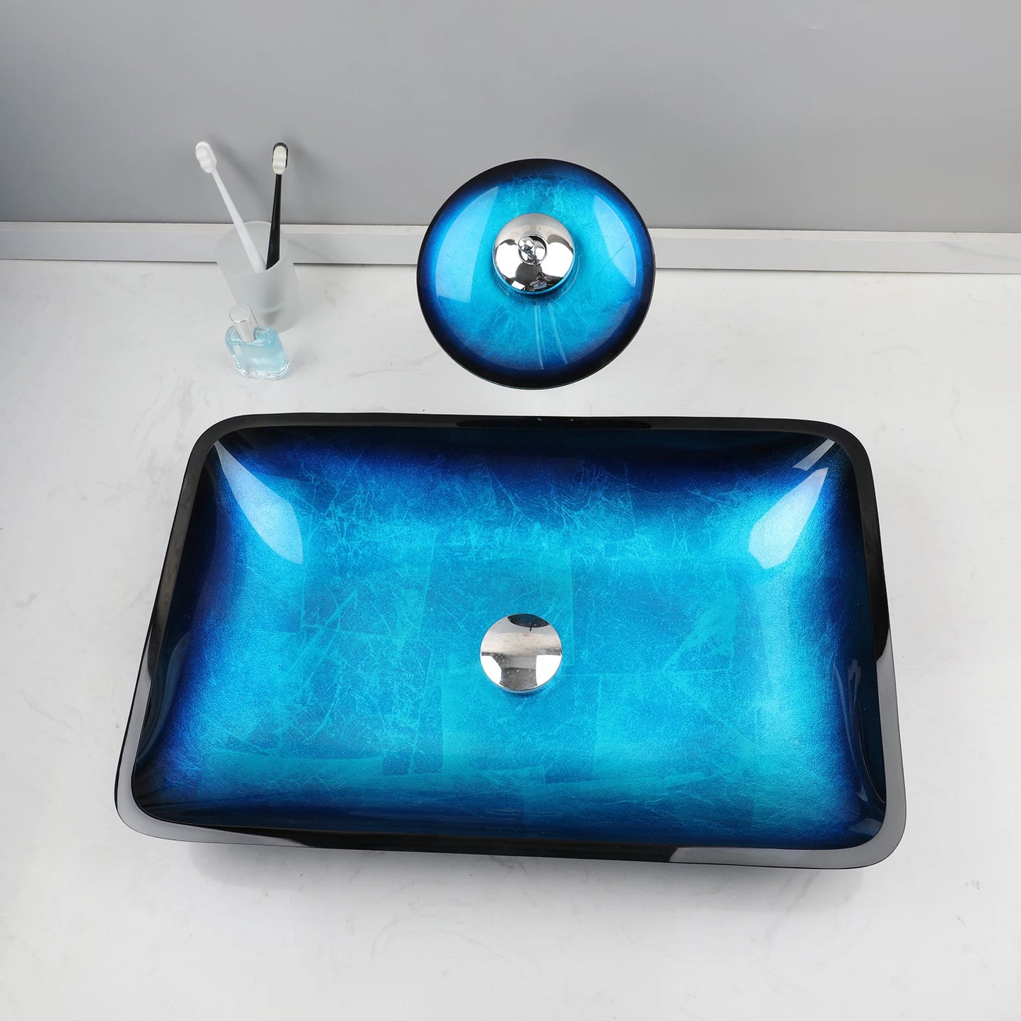Tempered Glass Bathroom Vessel Sink with Waterfall