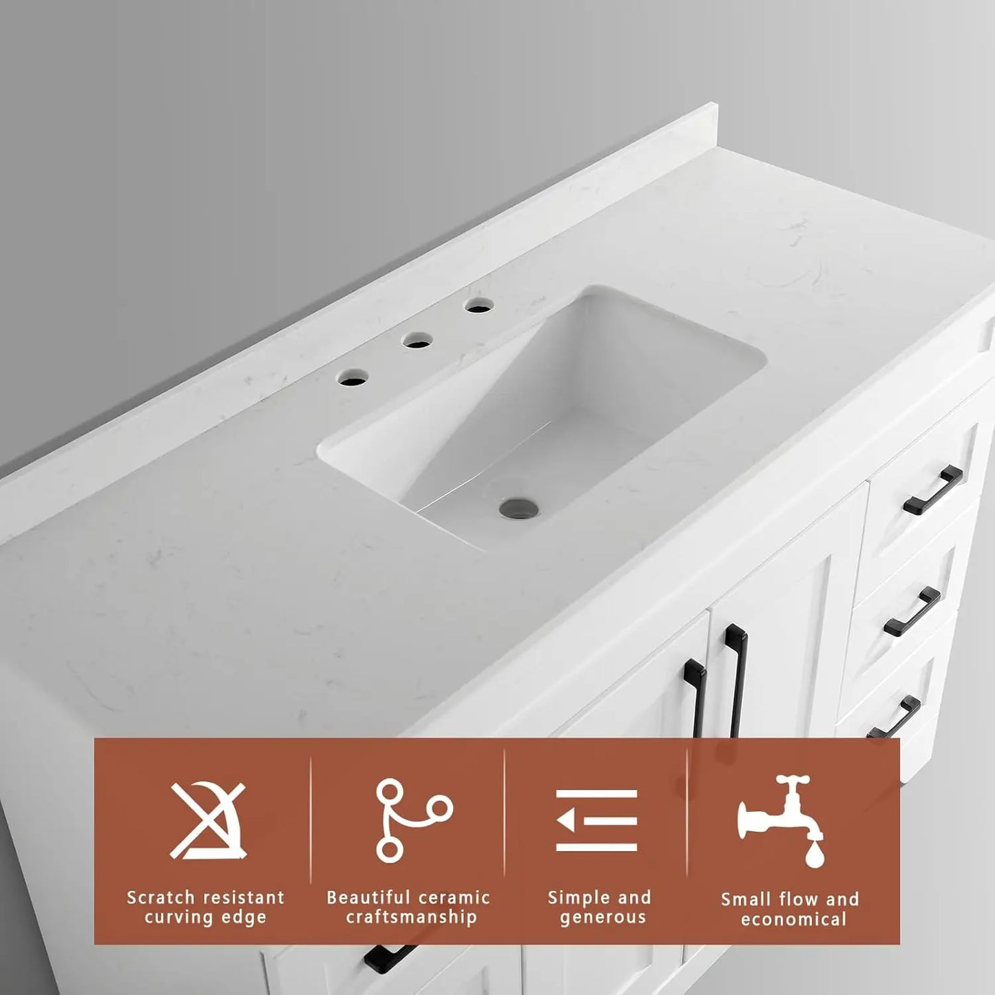 48" White Stone Top Vanity Soft Close Doors Drawers