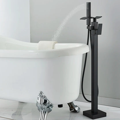 Matte Black Square Bathtub Shower Faucets Floor Standing Faucet Hot Cold Water Shower Mixer Tap Bathroom Waterfall Mixer