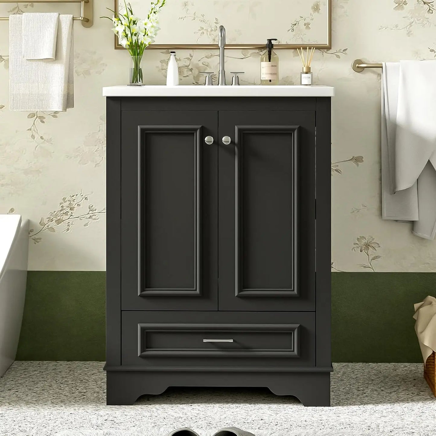 24in Wood Bathroom Vanity Cabinet Ceramic Sink