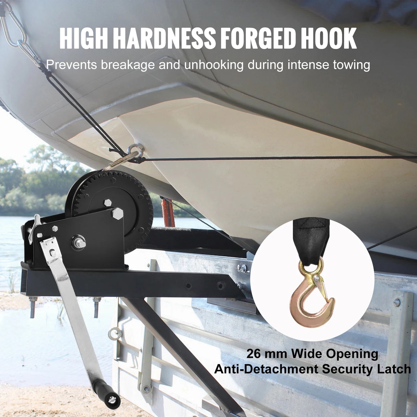 Hand Winch for Boat Trailer Winch Heavy Duty Rope Crank Polyester Strap & Two-Way Ratchet Manual Operated Hand Crank Winch