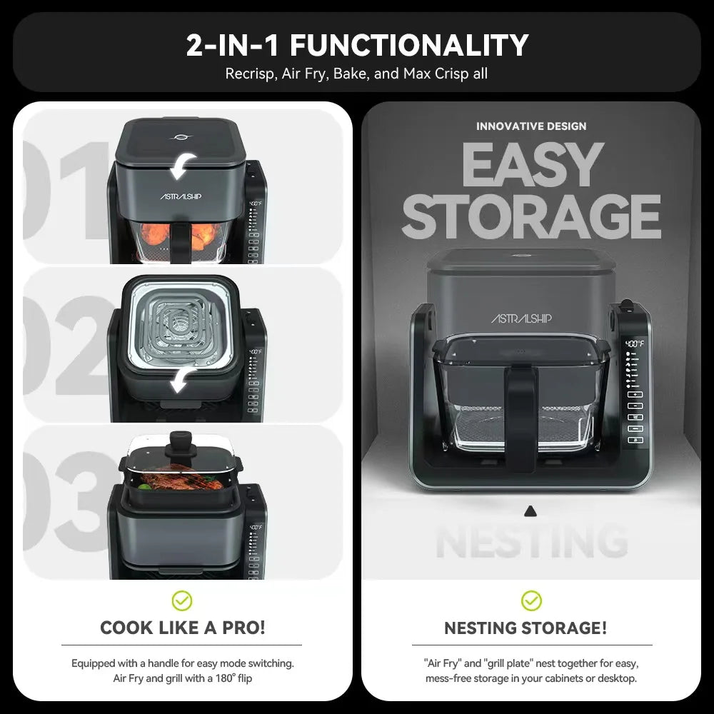2-in-1 Glass Air Fryer & Grill Combo, 4.2 QT + 1.3 QT Capacity, 7 Digital Presets, Small, Non-Toxic See-Through Glass Bowl