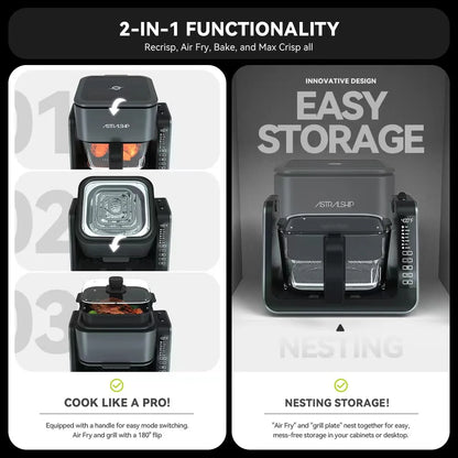 2-in-1 Glass Air Fryer & Grill Combo, 4.2 QT + 1.3 QT Capacity, 7 Digital Presets, Small, Non-Toxic See-Through Glass Bowl