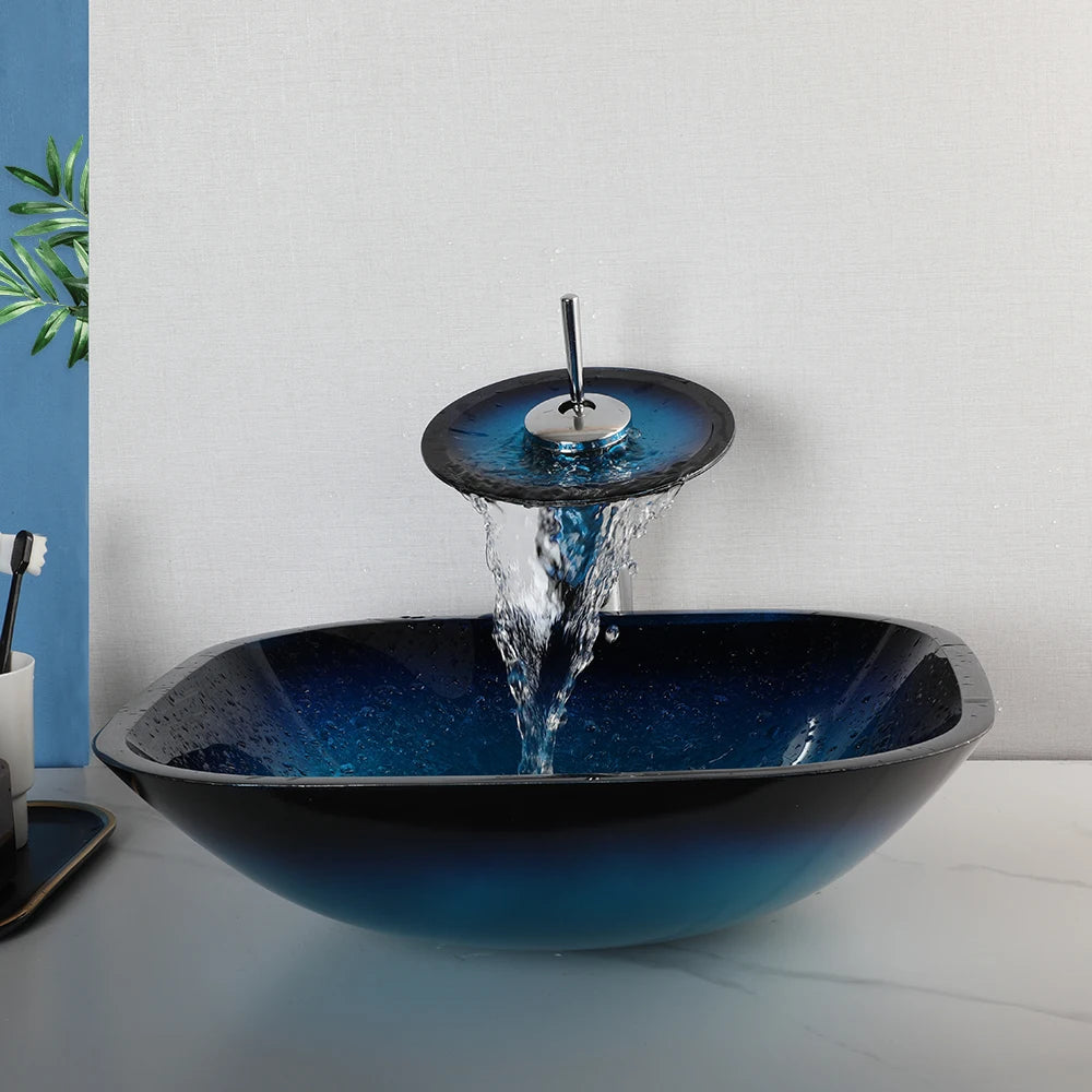 Tempered Glass Bathroom Vessel Sink with Waterfall