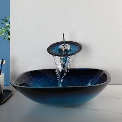 Tempered Glass Bathroom Vessel Sink with Waterfall