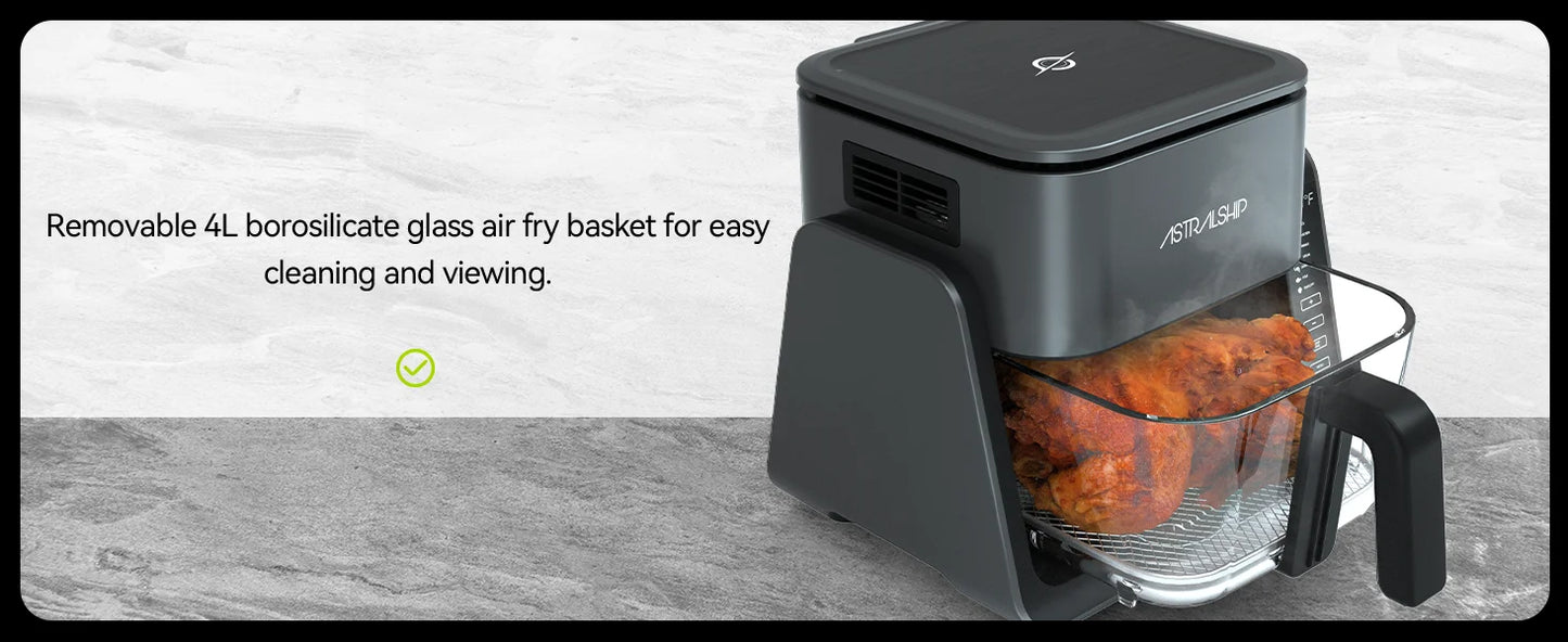 2-in-1 Glass Air Fryer & Grill Combo, 4.2 QT + 1.3 QT Capacity, 7 Digital Presets, Small, Non-Toxic See-Through Glass Bowl