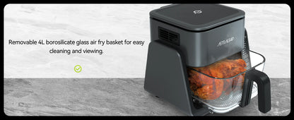 2-in-1 Glass Air Fryer & Grill Combo, 4.2 QT + 1.3 QT Capacity, 7 Digital Presets, Small, Non-Toxic See-Through Glass Bowl