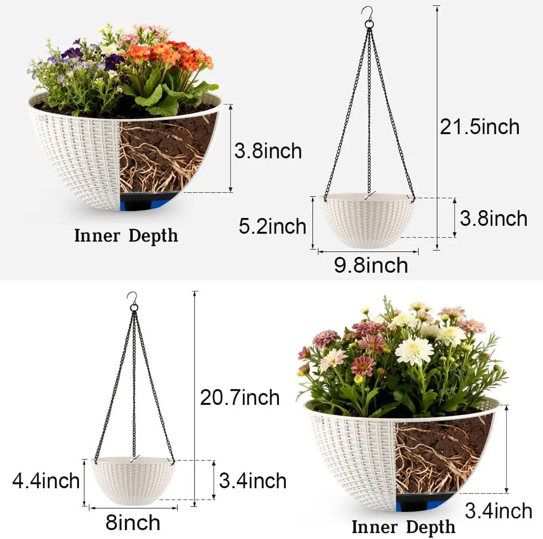 8 and 10 Inch Hanging Planters with Drainage Holes