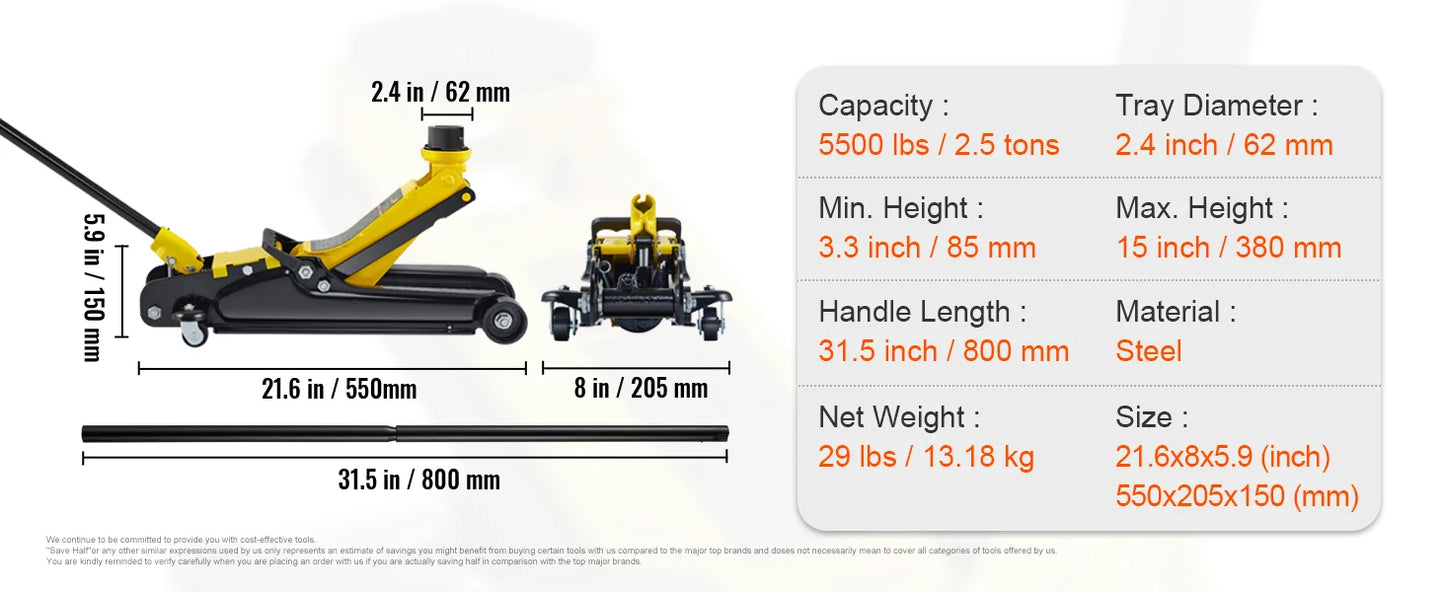 2.5T Hydraulic/Pnuematic Low Profile Floor Jack