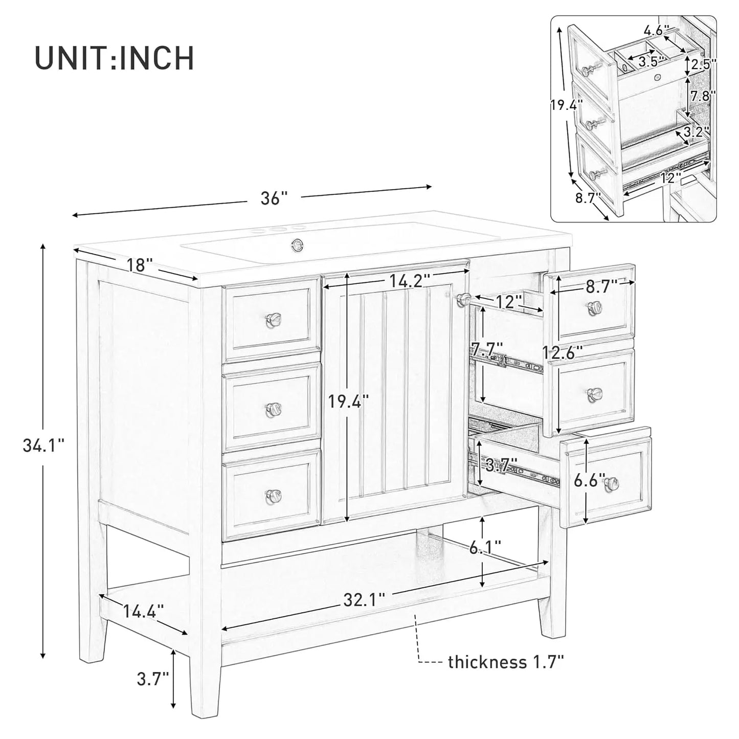 36" Bathroom Vanity Cabinet Sink Top Combo