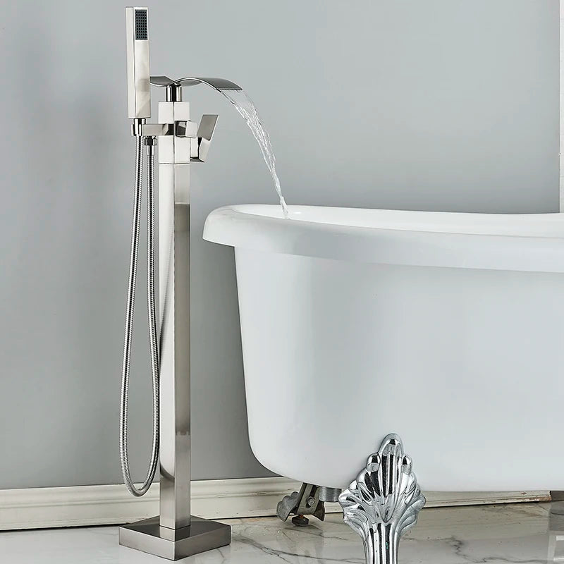 Matte Black Square Bathtub Shower Faucets Floor Standing Faucet Hot Cold Water Shower Mixer Tap Bathroom Waterfall Mixer